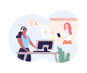 Female client appeal chatting to call center customer support service smartphone infographic scheme