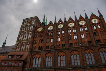 The town hall of the Hanseatic city of Stralsund with the St. Nikolai church