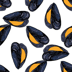 vectorpatroon van een open oranje mossel met een grijsblauwe schelp. naadloos patroon met de hand getekend in de stijl van een schets van zeevruchtenmosselen, willekeurig gerangschikt op wit voor een ontwerpsjabloon, verpakking, mij