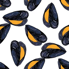 Photo sur Plexiglas  Animaux marins modèle vectoriel d& 39 une moule orange ouverte avec une coquille bleu gris. modèle sans couture dessiné à la main dans le style d& 39 un croquis de moules de fruits de mer, disposés au hasard sur blanc pour un modèle de conception, emballage, moi