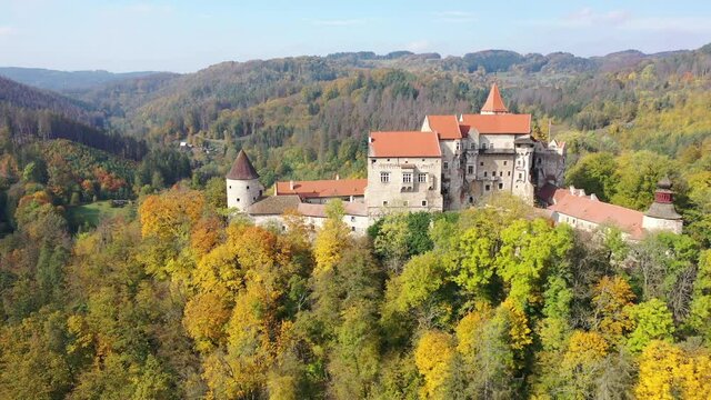 Scenic aerial view of historical medieval Pernstejn castle, Czech Republic