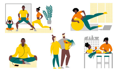 Set of healthy lifestyle. The family plays sports at home. A black woman is training online at home. A black man meditates. The couple bought healthy food. Mom and daughter cook vegetables. Vector.