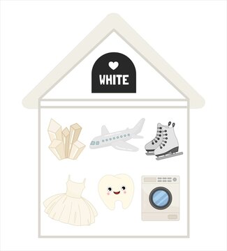 Vector illustration of a White house . Learning colors for children. An image of white objects - an airplane, a dress, a washing machine, a crystal, skates, a tooth.
