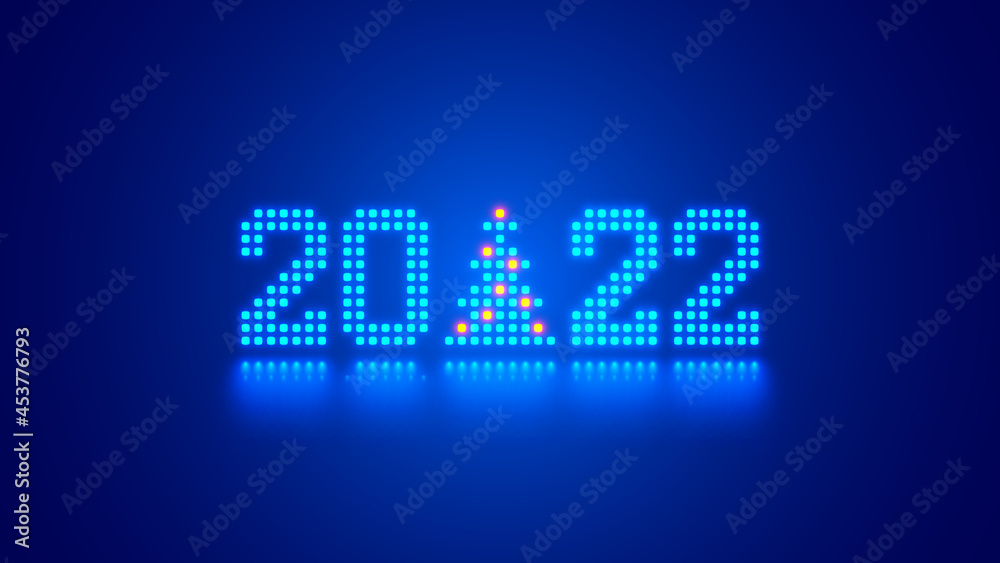 Poster New Year digits 2022 and Christmas tree in tech style. 20 22 consist of 8 bit neon dots or pixels on blue background. 2022 New Year card of digital technology industry. Xmas holiday computer banner.
