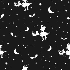 seamless pattern with Witches on the broom, stars and bats on black background.
