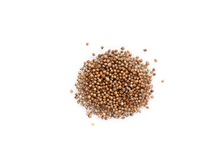 Coriander fruit isolate.  Heap of coriander seeds on a white background.  Coriander seed sample.