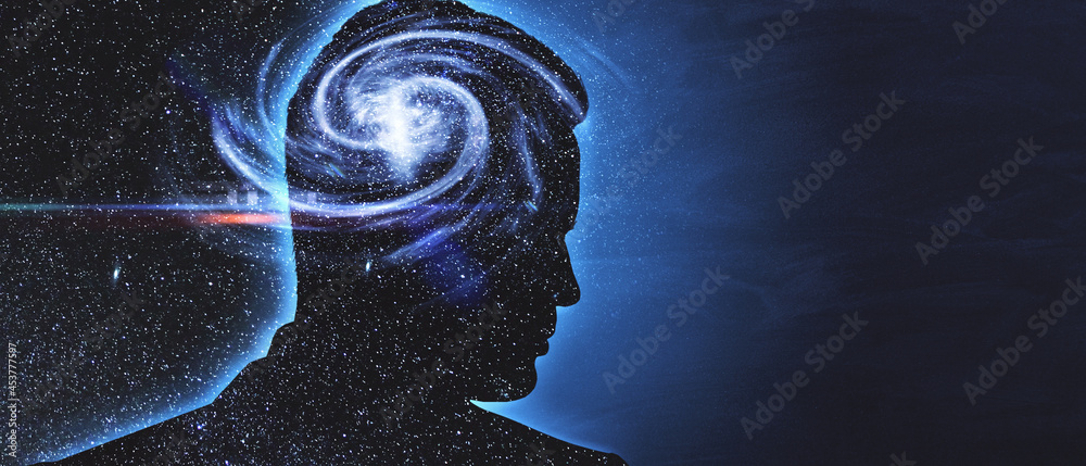 Poster abstract dark businessman head space outline with mock up place. brainstorm and success concept.