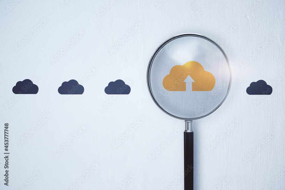 Aufkleber Magnifier zooming in on cloud icon on white background. Cloud computing concept. 3D Rendering.
