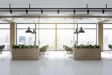 Luxury coworking office interior with plants in decorative wooden planters, window with city view, furniture, equipment and daylight. 3D Rendering.