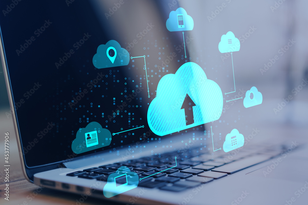 Poster close up of laptop at desktop with abstract digital cloud on blurry background. cloud computing, dat