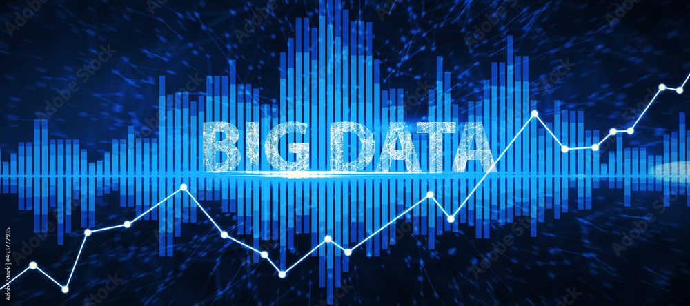 Poster creative wide panoramic blue big data background. technology and digital science concept. 3d renderi