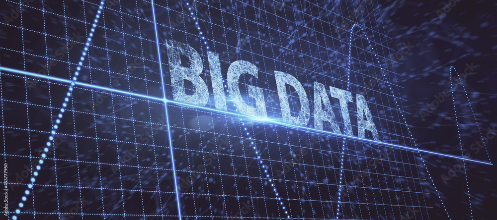 Poster Creative wide panoramic blue big data texture. Technology and digital science concept. 3D Rendering.