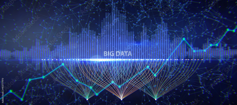 Poster abstract wide panoramic blue big data background. technology and digital science concept. 3d renderi
