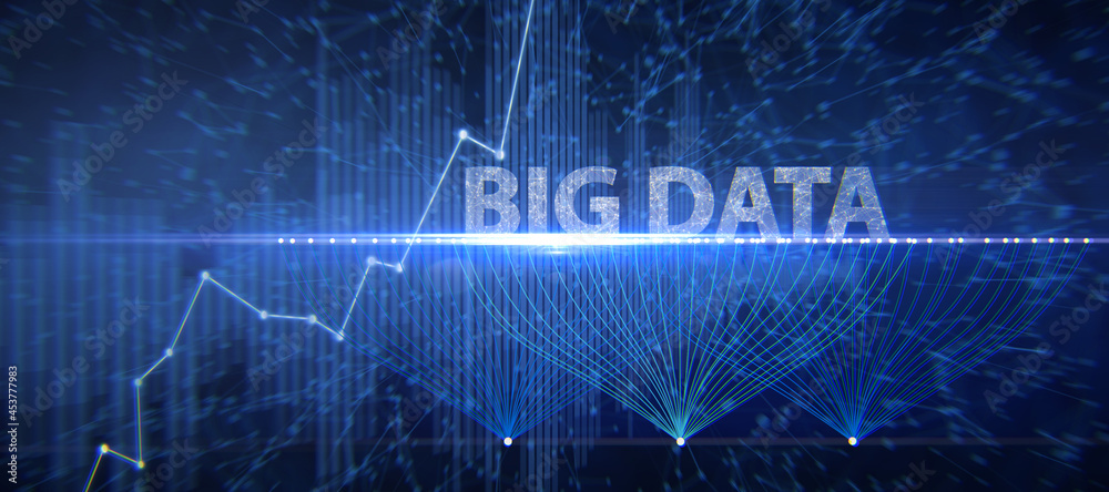 Poster Abstract wide panoramic blue big data backdrop. Technology and digital science concept. 3D Rendering.