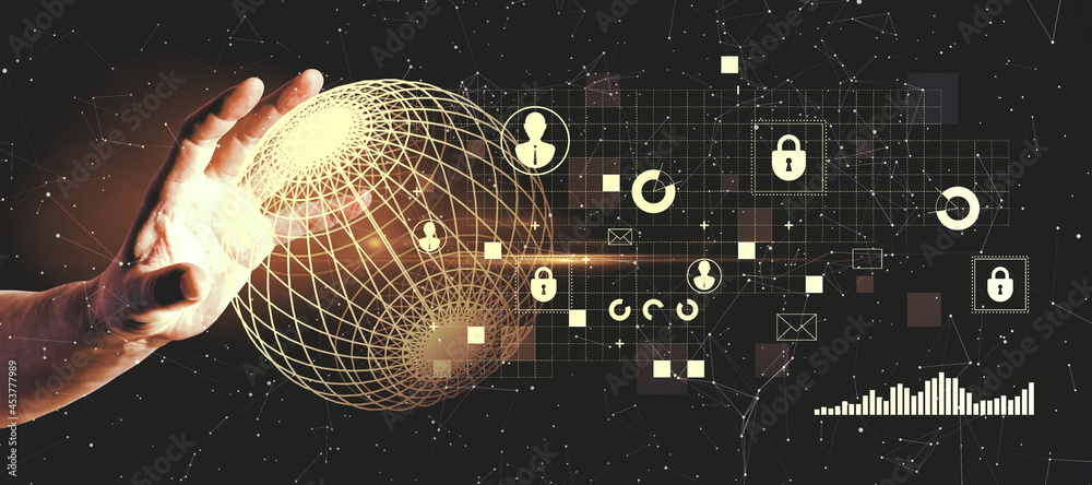 Aufkleber hand holding creative glowing business interface with globe and communication icons. network, digita