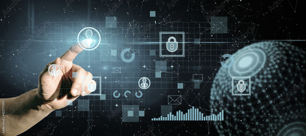 Poster Hand pointing at creative glowing business interface with globe and communication icons. Network, digital transformation, finance and ai concept.