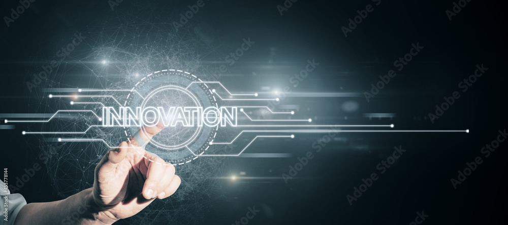 Poster Hand pointing at creative glowing digital hud interface background with circuit and polygonal mesh network. Innovation, future and artificial intelligence concept.