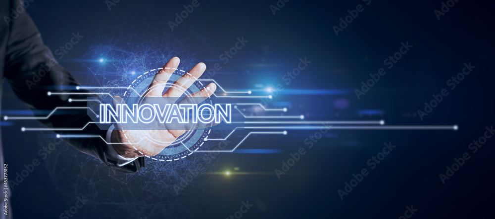 Poster Hand holding creative glowing digital hud interface background with circuit and polygonal mesh network. Innovation, future and artificial intelligence concept.