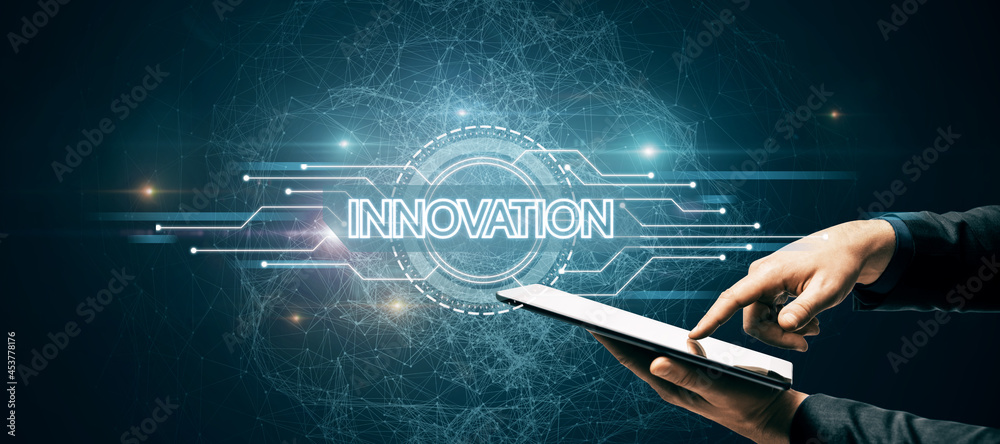 Poster hand pointing at tablet with creative glowing digital hud interface background with circuit and poly