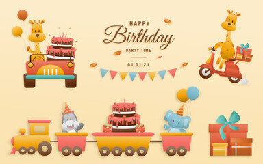 Greeting card Cute birthday A giraffe drives a car and a tree rabbit. jungle animals celebrate children's birthdays on train and template invitation paper cut and papercraft style vector illustration.