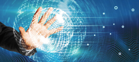 Fototapeta na wymiar Businessman hand holding creative glowing polygonal globe hud interface on blue background. Network and digital communication concept.