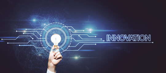 Female hand holding glowing light bulb with creative glowing digital hud interface background with circuit and polygonal mesh network. Innovation, future and artificial intelligence concept.