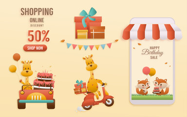 Set Character cute giraffe Online shop Birthday Theme. Celebration voucher Happy birthday. decorating with mobile and gift box paper cut, and papercraft style vector illustrator.