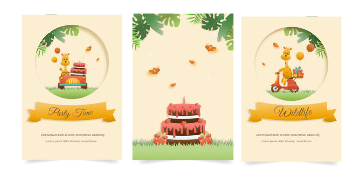 Set banner Invitation birthday cute greeting card. jungle animals celebrate children's birthdays and template invitation paper and papercraft style vector illustration. Theme happy birthday.