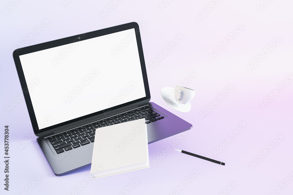 Poster Close up of abstract desktop with empty white laptop computer screen, notepad, coffee cup and other supplies on white background. Mock up, 3D Rendering.