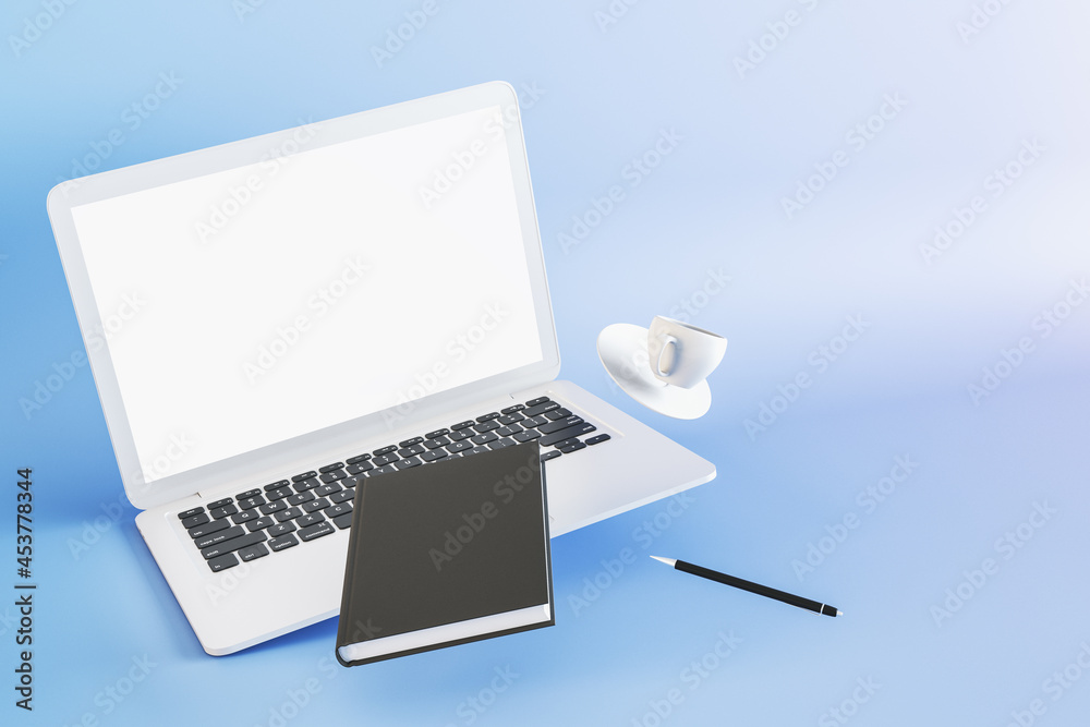 Aufkleber Close up of abstract desktop with empty white laptop computer screen, notepad, coffee cup and other supplies on blue background. Mock up, 3D Rendering.