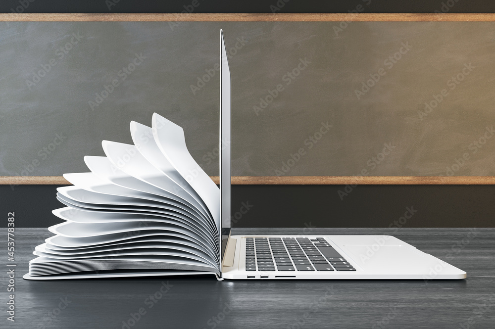Poster Side view of notepad and notepad put back to back on classroom desktop with chalkboard background. Online education and webinar concept. 3D Rendering.
