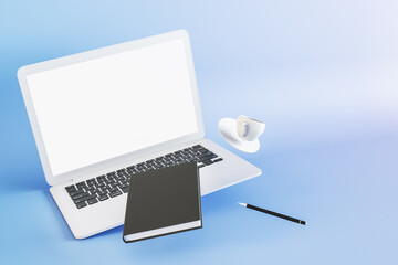 Close up of abstract desktop with empty white laptop computer screen, notepad, coffee cup and other supplies on blue background. Mock up, 3D Rendering.