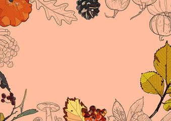 Autumn frame of pumpkins, mushrooms, leaves and berries on a pink background. Outline drawing. Copy space.