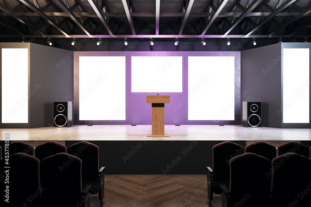 Poster modern auditorium interior with empty posters and wooden flooring and reflections. speaker and prese