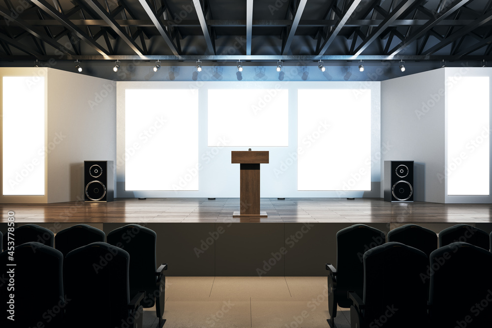 Poster modern auditorium interior with empty posters and wooden parquet flooring with reflections. speaker 