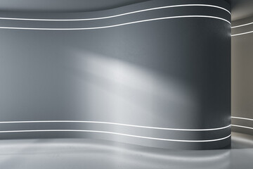Minimalistic gray concrete classic gallery interior with empty walls and sunlight. Mock up, 3D...