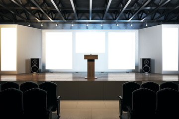 Modern auditorium interior with empty posters and wooden parquet flooring with reflections. Speaker...
