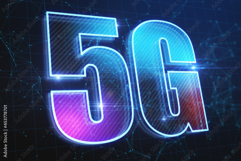 Poster Abstract glowing 5G hologram on dark blue background. Wireless infomation and future technology concept. 3D Rendering.