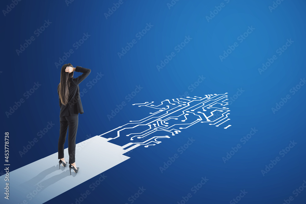 Poster businesswoman standing on abstract circuit arrow sketch on blue background with mock up place. succe