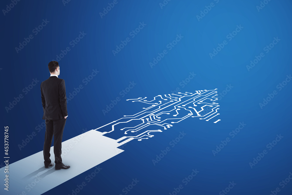 Poster businessman standing on abstract circuit arrow sketch on blue background with mock up place. success