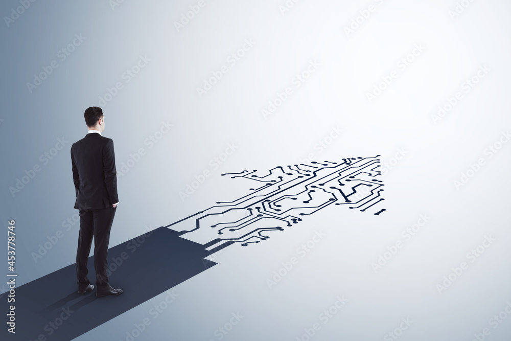 Poster Businessman standing on abstract circuit arrow sketch on white background with mock up place. Success and digital transformation concept.