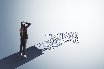 Businesswoman standing on abstract circuit arrow sketch on white background with mock up place....