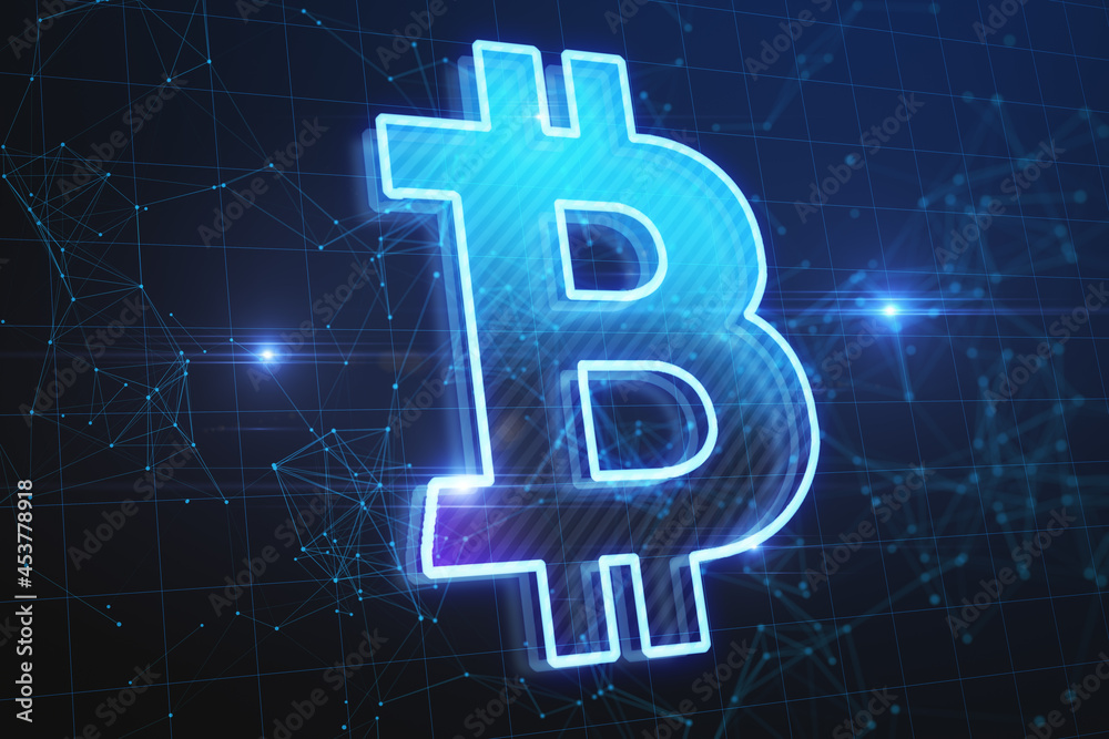 Poster creative polygonal bitcoin hologram on dark blue grid background. cryptocurrency and finance concept