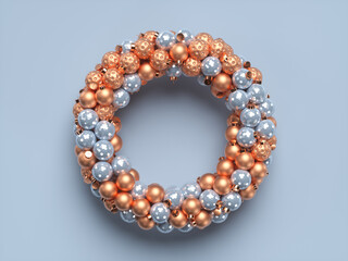 3d Christmas wreath with decorative elements. Merry Christmas and Happy New Year. 3d rendering illustration.