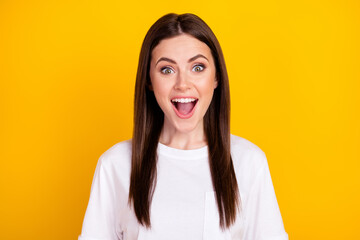 Photo of happy excited crazy cheerful good mood woman see huge sale discount isolated on yellow color background