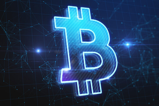 Creative polygonal bitcoin hologram on dark blue grid background. Cryptocurrency and finance concept. 3D Rendering.