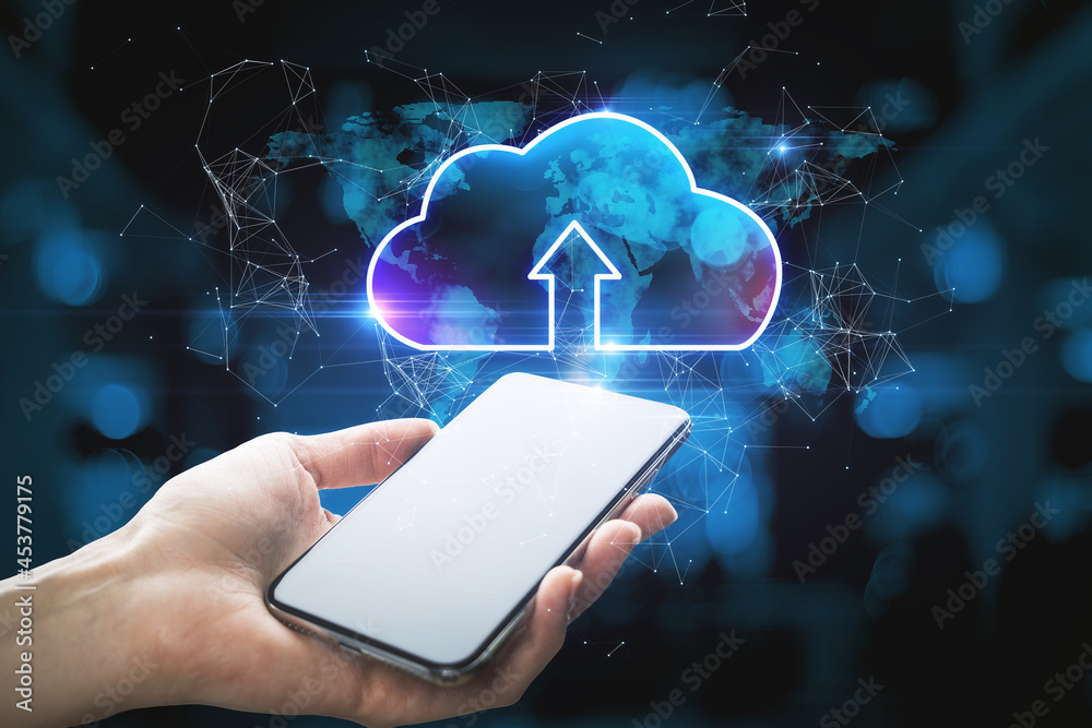 Poster female hand holding smartphone with abstract glowing cloud hologram on blurry interior background. c