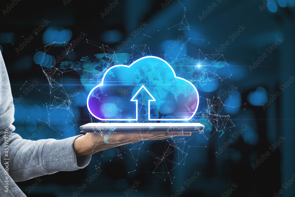 Poster hand holding tablet with abstract glowing cloud hologram on blurry interior background. cloud comput
