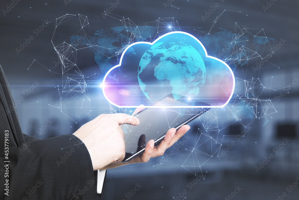 Aufkleber businessman hand using tablet with abstract glowing cloud hologram on blurry interior background. cl
