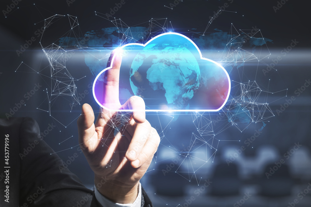 Poster Businessperson pointing at abstract glowing cloud hologram on blurry interior background. Cloud computing, future and data storage concept. Double exposure.